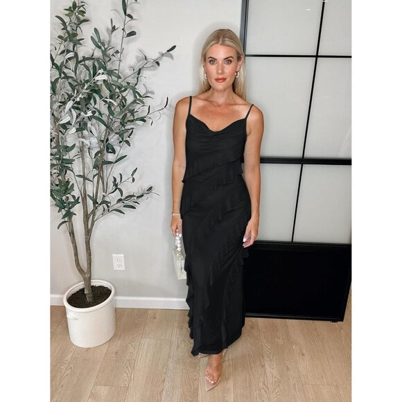 Women's Maxi Dress Sleeveless Stretch Fabric Spaghetti Ruffle Formal Party - Picture 5 of 5